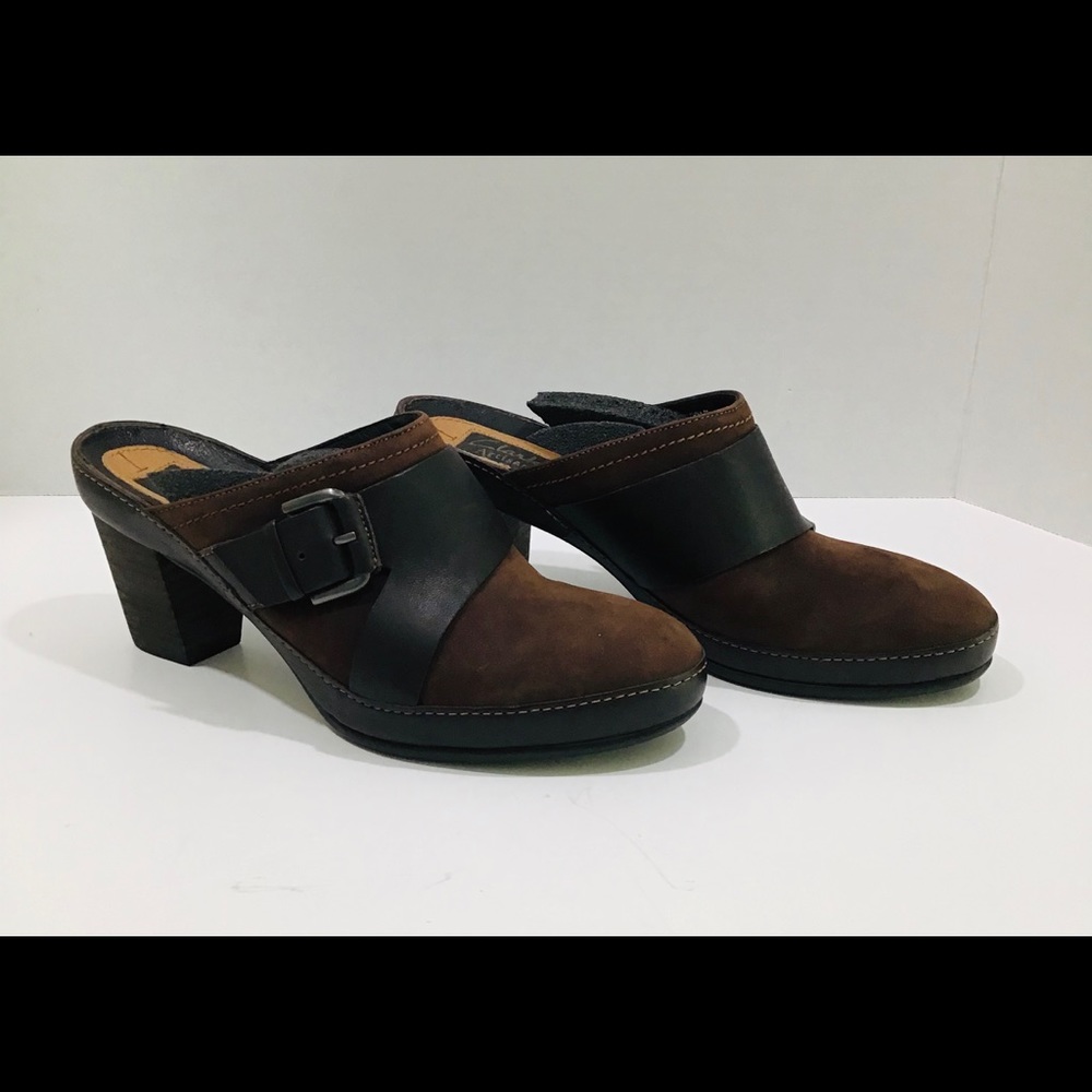 Clarks Brown and Black Buckle Mules